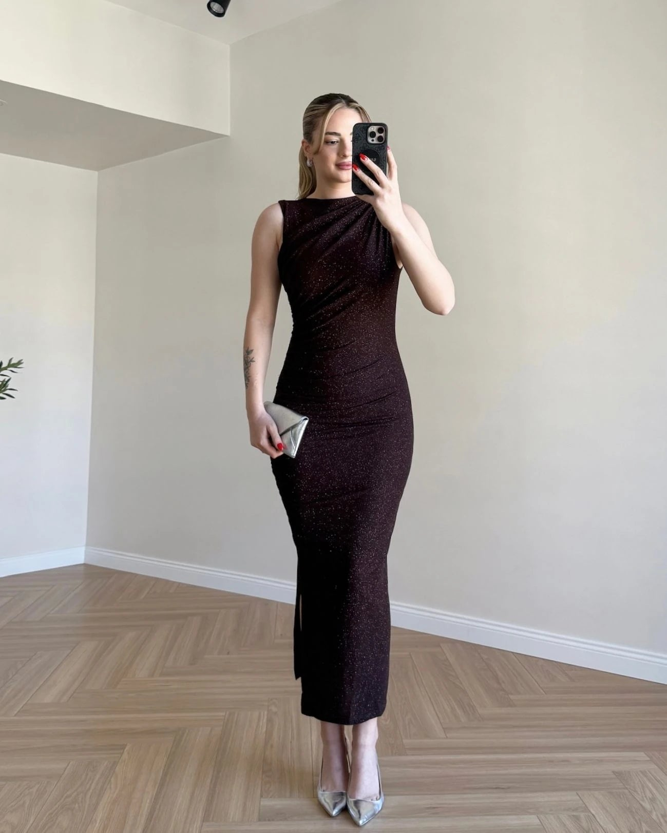 Drape Detay Simli Elbise - Kahve