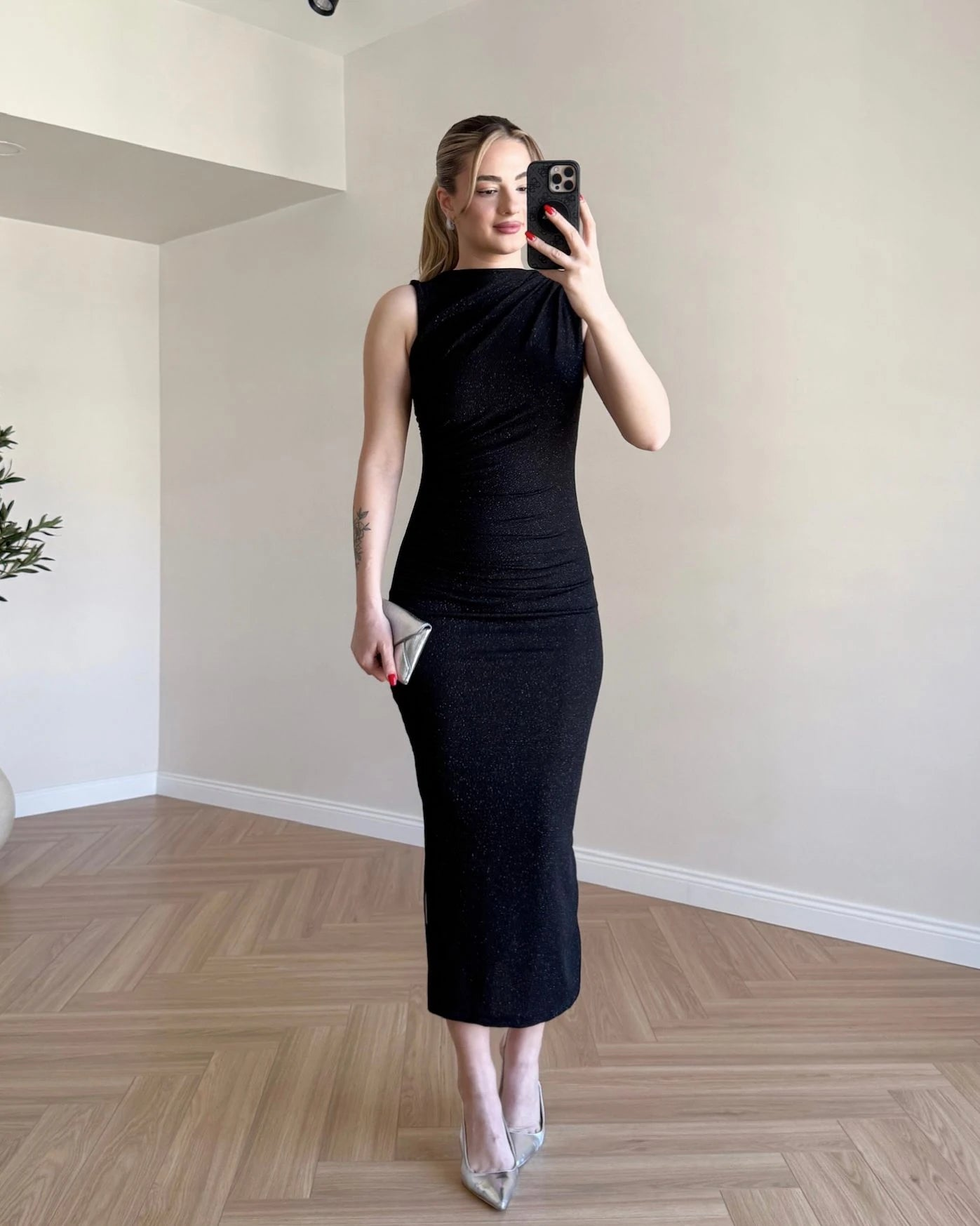 Drape Detay Simli Elbise - Siyah