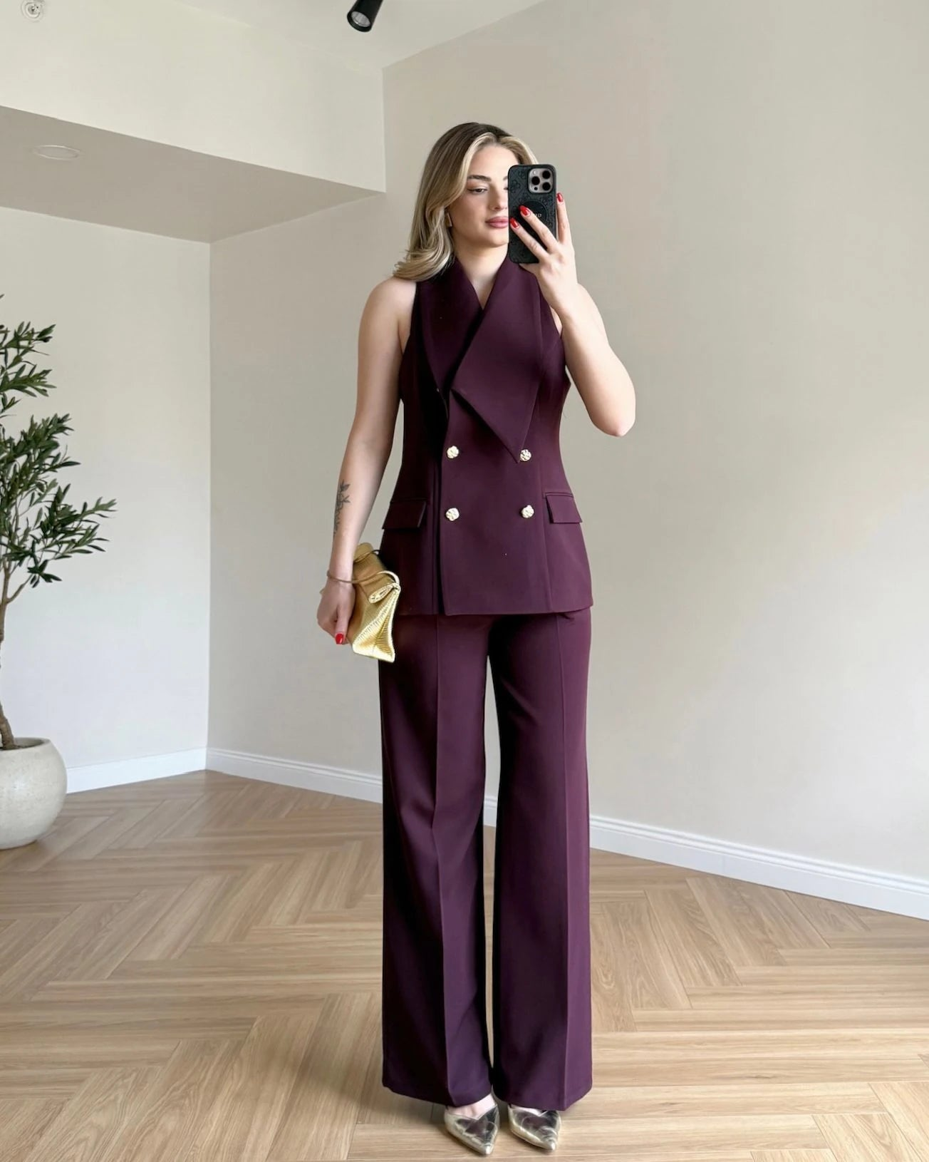 Tasarım Yakalı Yelek Pantolon Set Takım - Mürdüm
